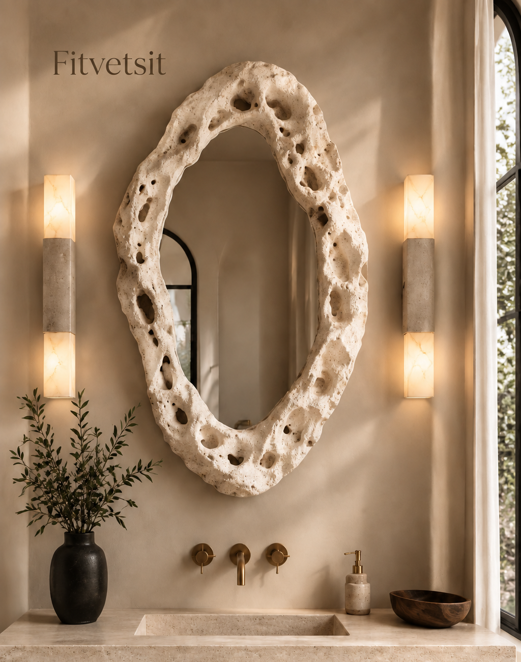 Fitvetsit Organic Textured Travertine Oval Wall Art Mirror