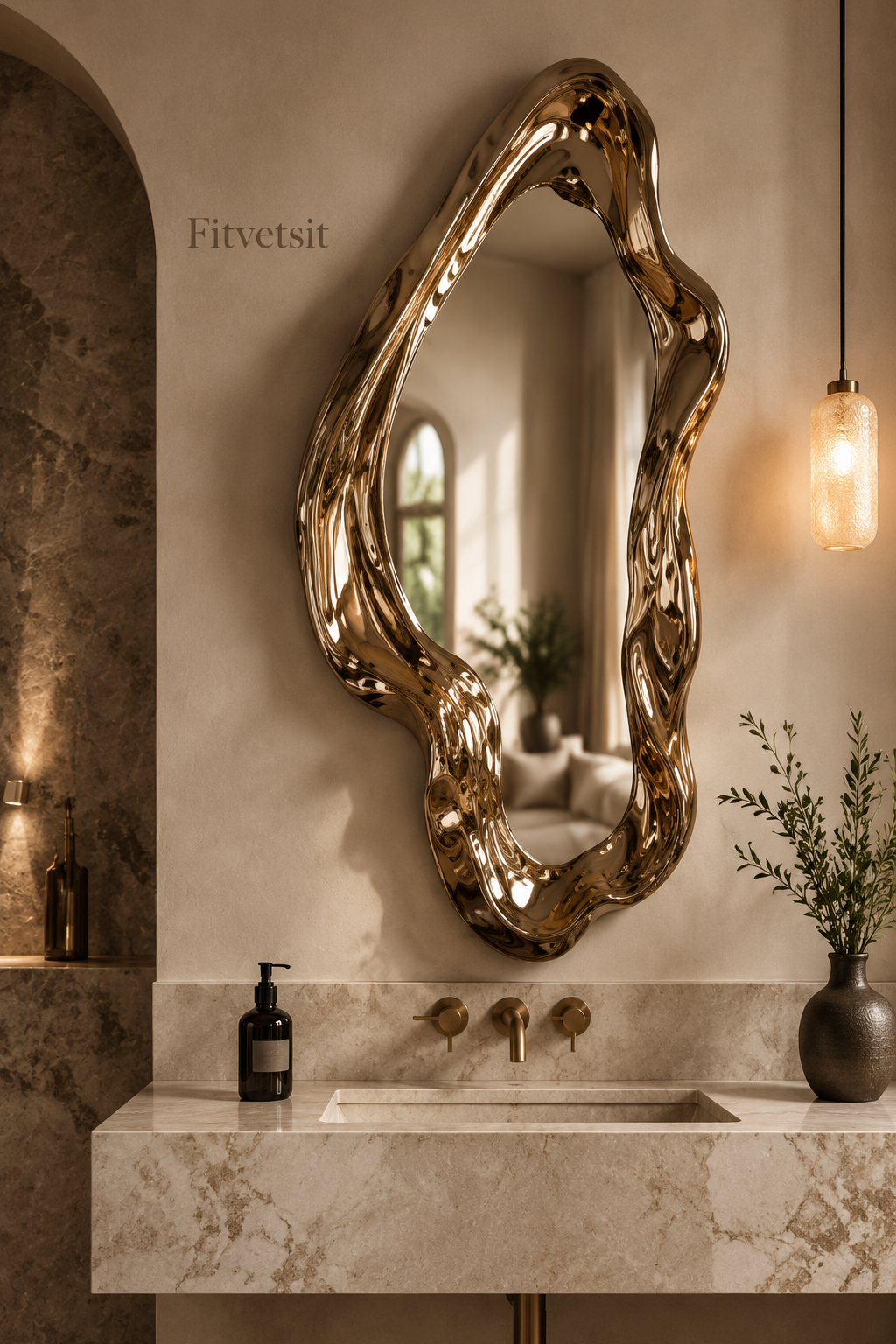 Fitvetsit Luxury Gloss Gold Fluid Wavy Organic Sculpture Wall Art Mirror