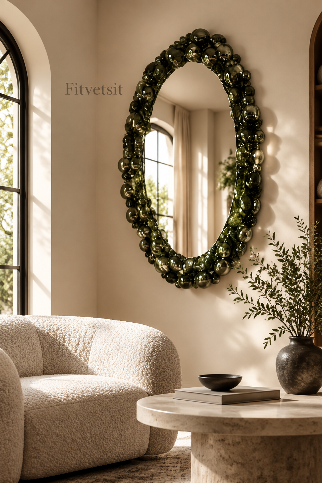 Fitvetsit Dark Olive Green Metallic Bubble Sphere Oval Wall Art Mirror
