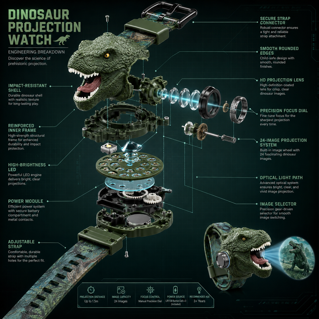 𝐁i𝐥𝐥𝐡𝐨𝐥® 3D Dinosaur Projection Watch💚Realistic T-Rex Design, Safe Soft Strap for Kids Ages 3+