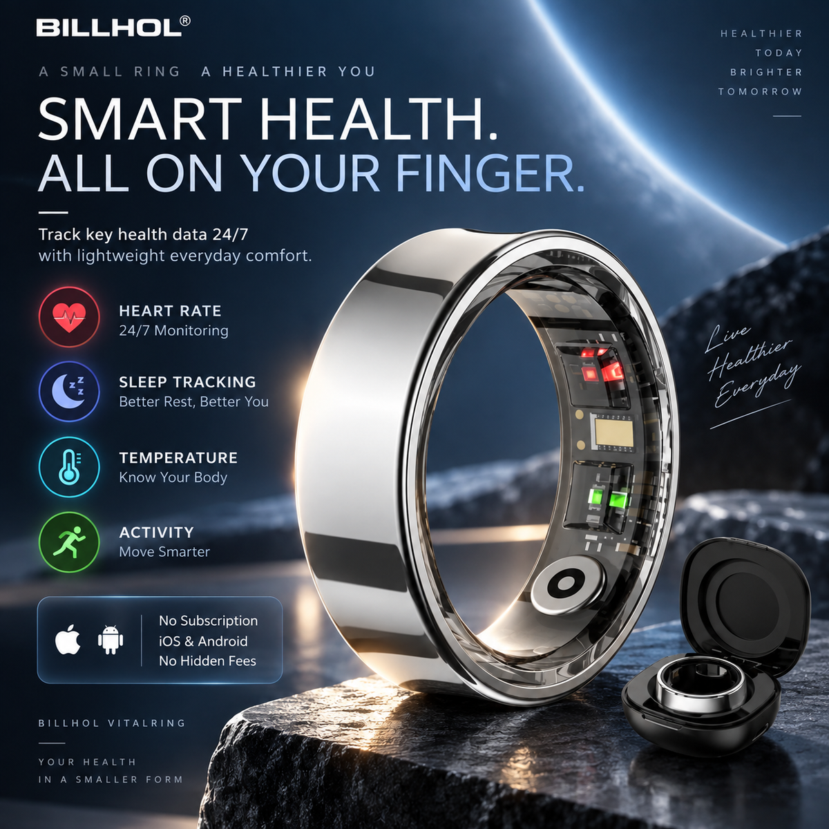 BILLHOL® 💍VitalRing Smart Health Ring · 24/7 Sleep, Heart Rate & Temperature Monitoring for iOS & Android
