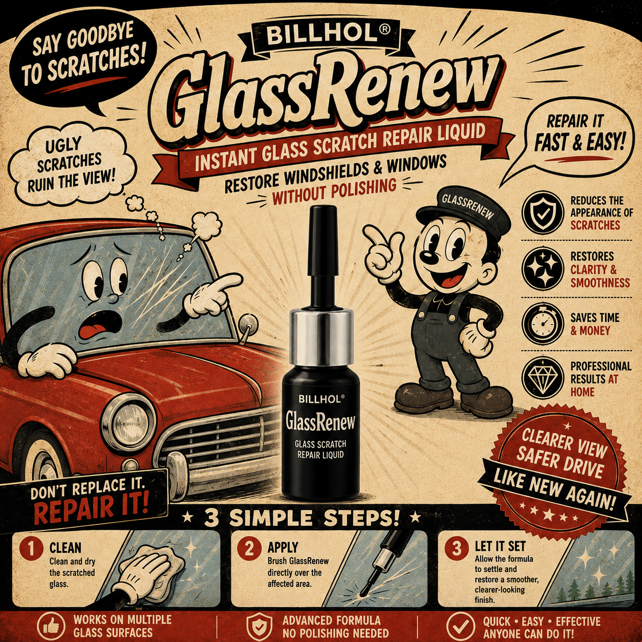 Billhol®🦩 GlassRenew Instant Glass Scratch Repair Liquid · Restore Windshields & Windows Without Polishing