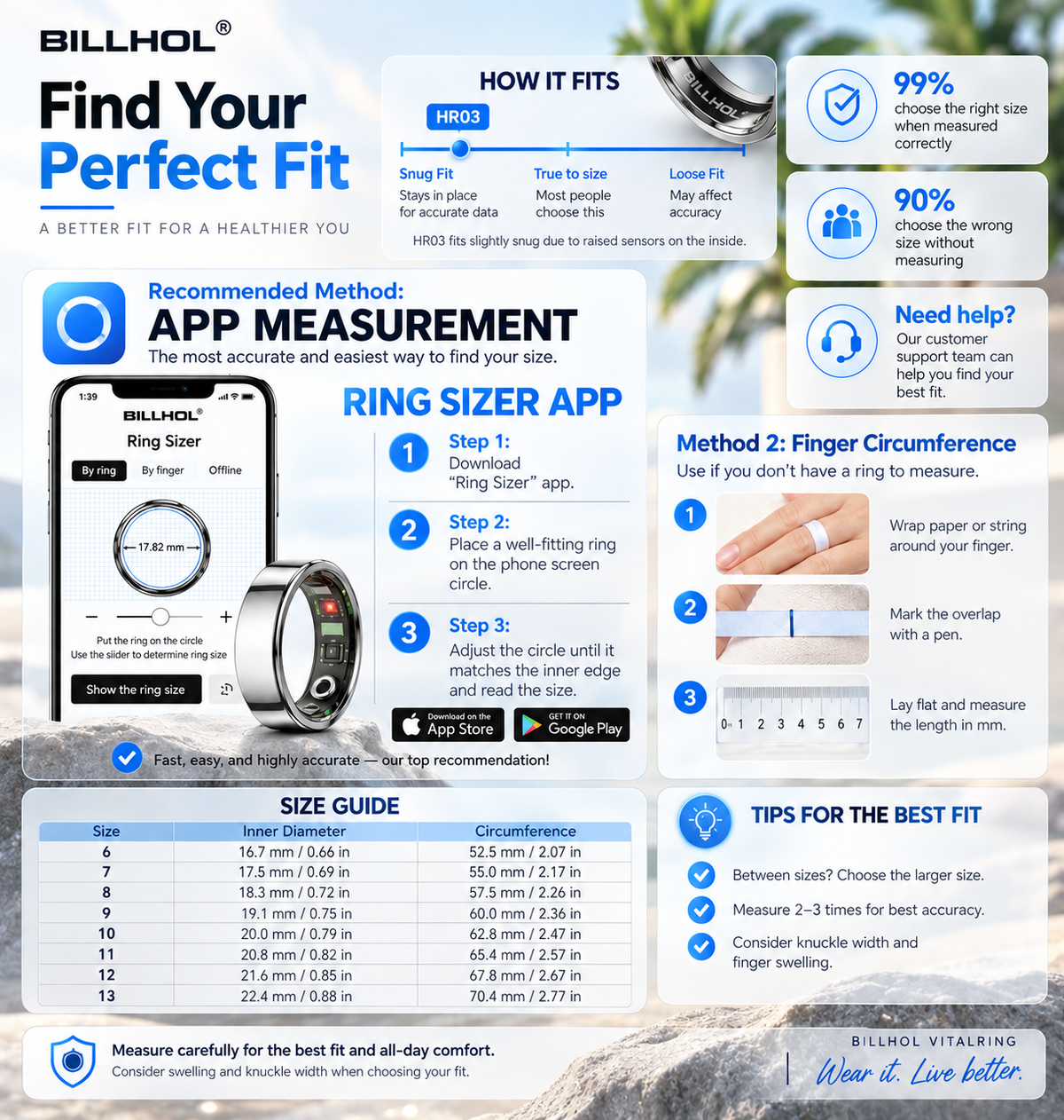BILLHOL® 💍VitalRing Smart Health Ring · 24/7 Sleep, Heart Rate & Temperature Monitoring for iOS & Android