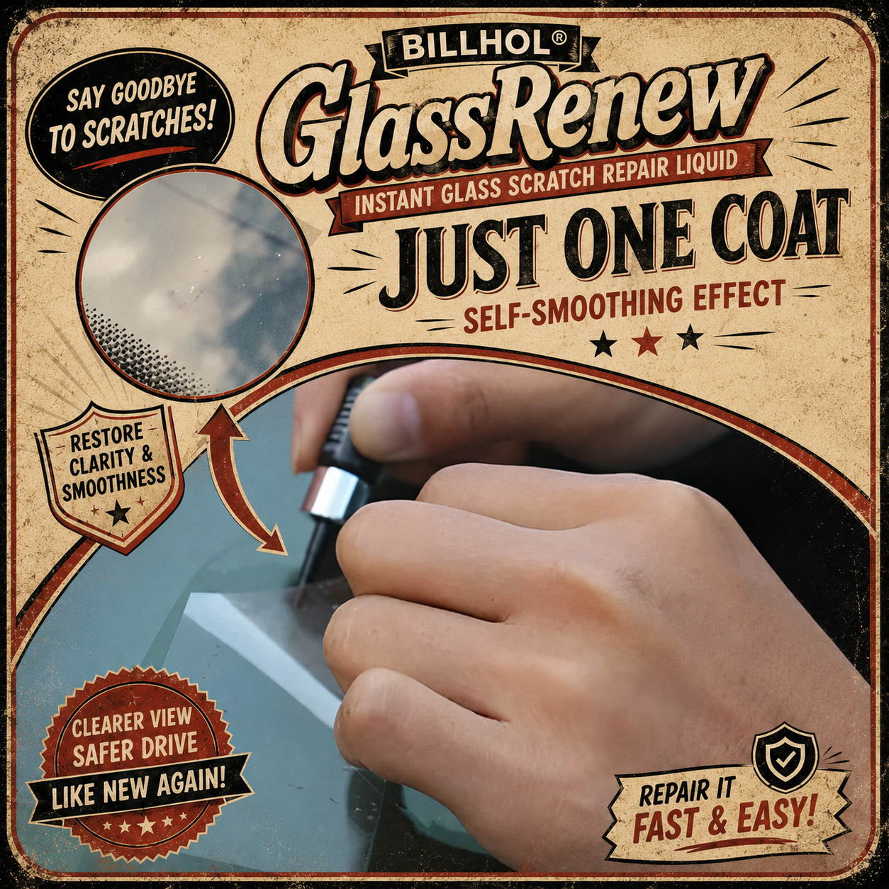 Billhol®🦩 GlassRenew Instant Glass Scratch Repair Liquid · Restore Windshields & Windows Without Polishing