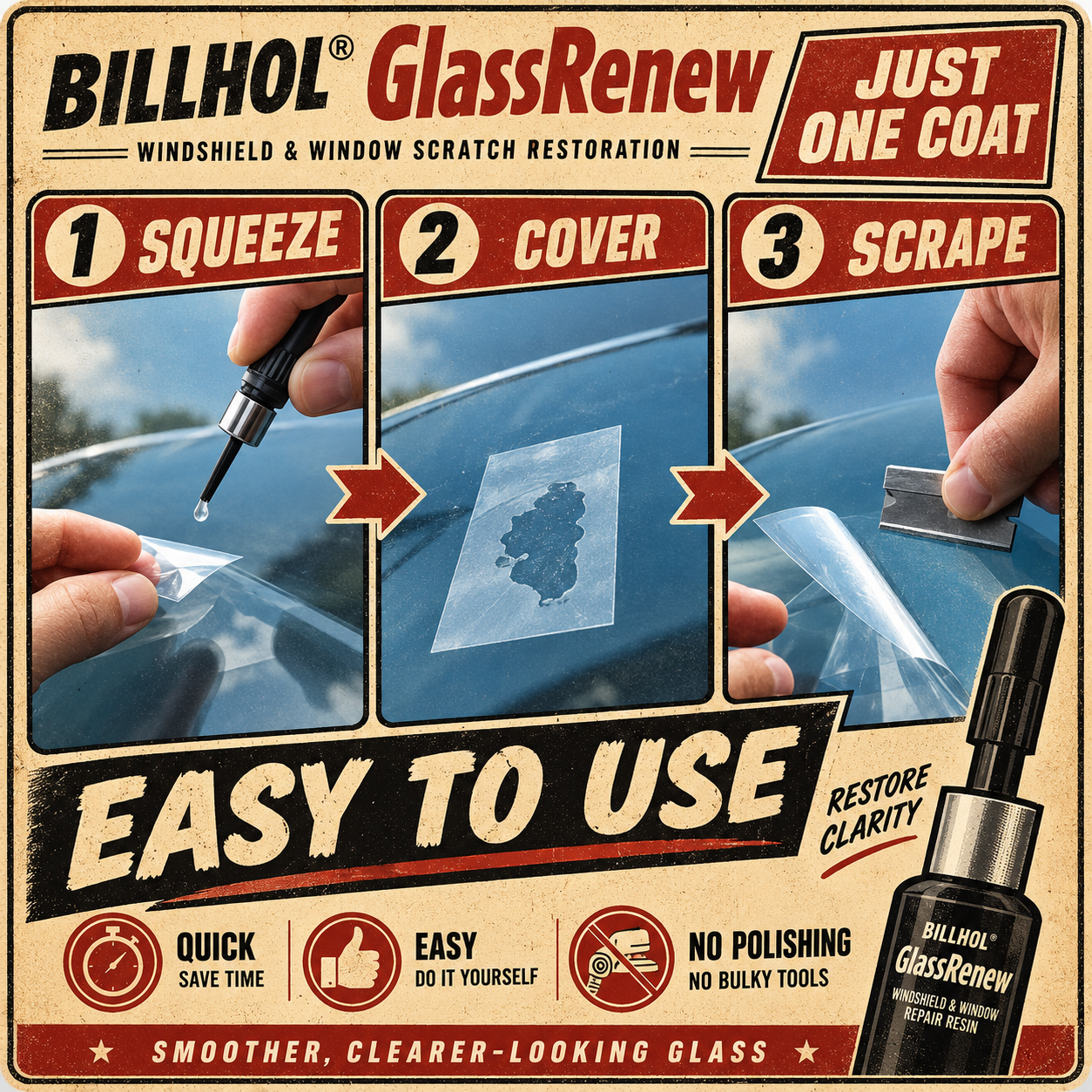 Billhol®🦩 GlassRenew Instant Glass Scratch Repair Liquid · Restore Windshields & Windows Without Polishing