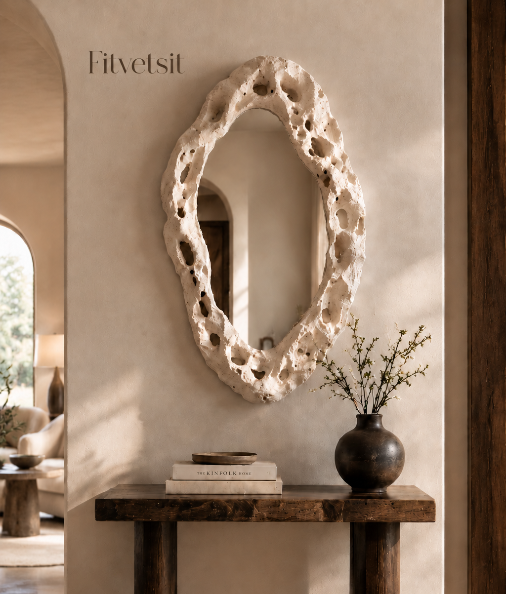 Fitvetsit  Organic Textured Travertine Oval Wall Art Mirror