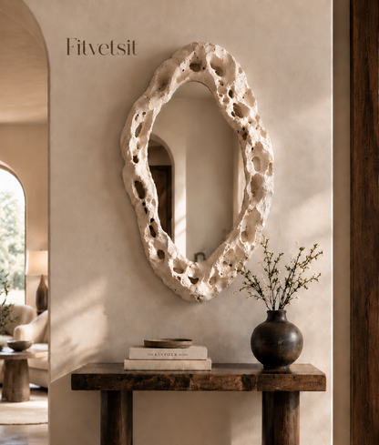 Fitvetsit  Organic Textured Travertine Oval Wall Art Mirror