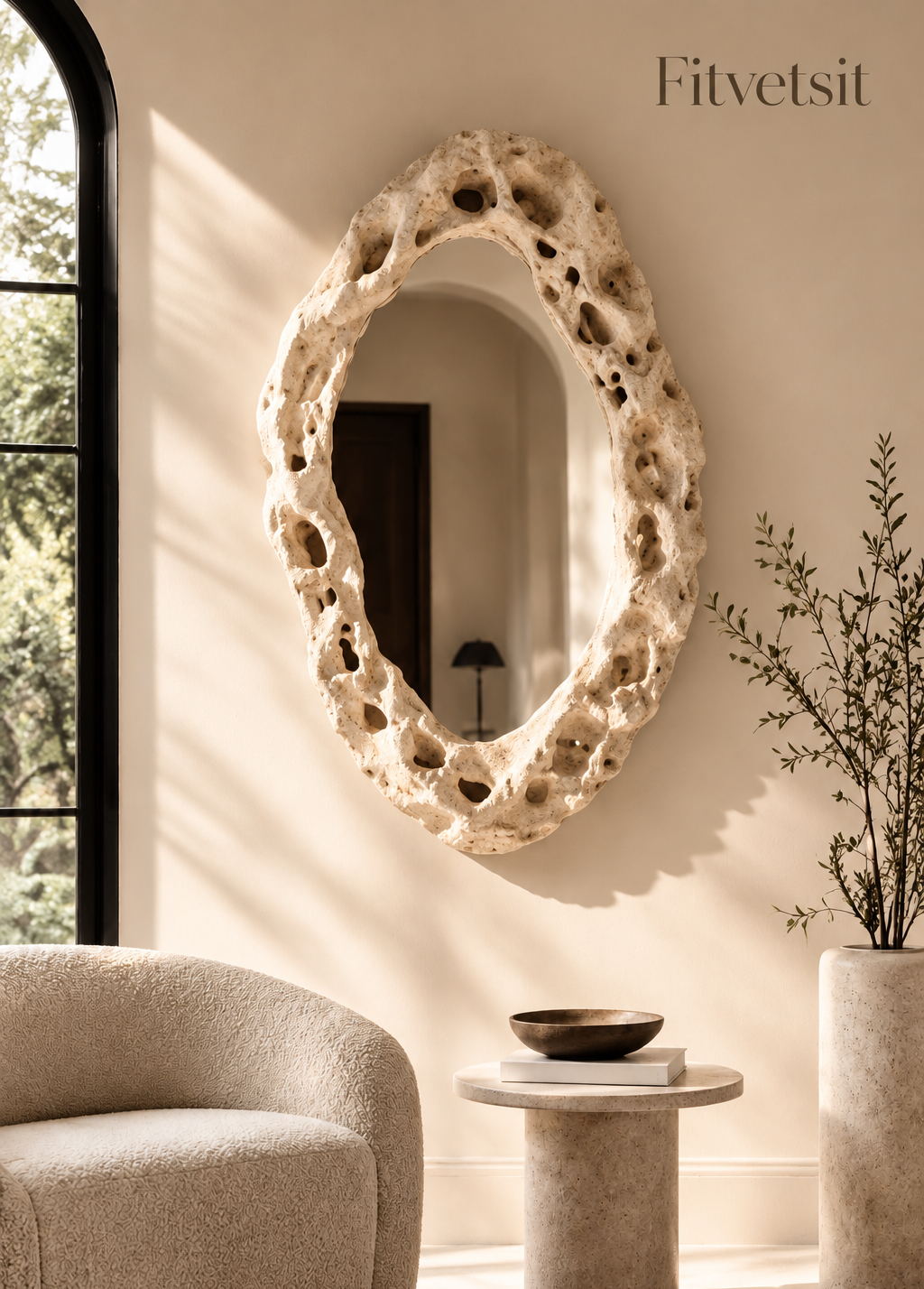 Fitvetsit  Organic Textured Travertine Oval Wall Art Mirror