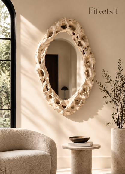 Fitvetsit  Organic Textured Travertine Oval Wall Art Mirror