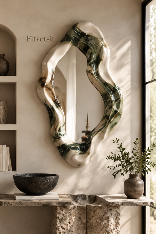 Fitvetsit  Green Vein Marble Wavy Organic Wall Art Mirror