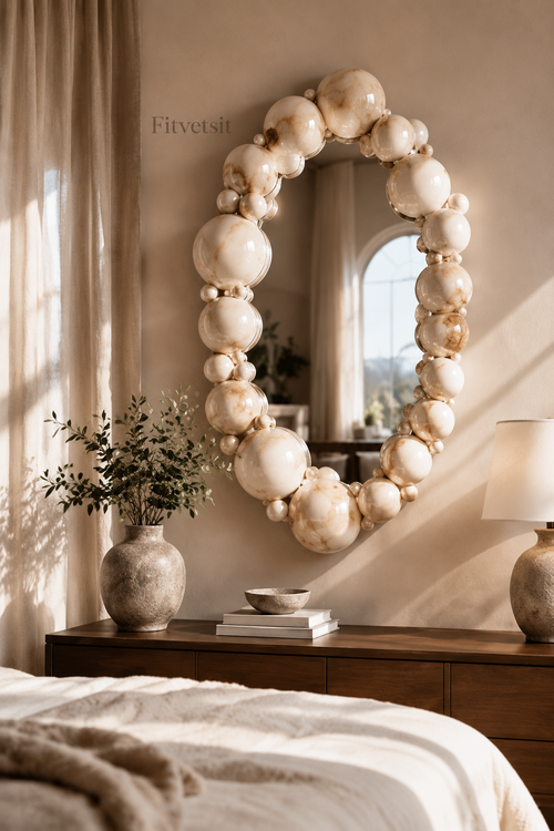 Fitvetsit  Cream Marble Bubble Sphere Oval Wall Art Mirror
