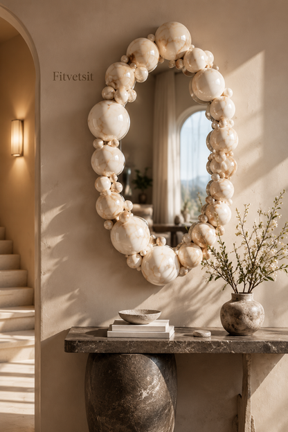 Fitvetsit  Cream Marble Bubble Sphere Oval Wall Art Mirror