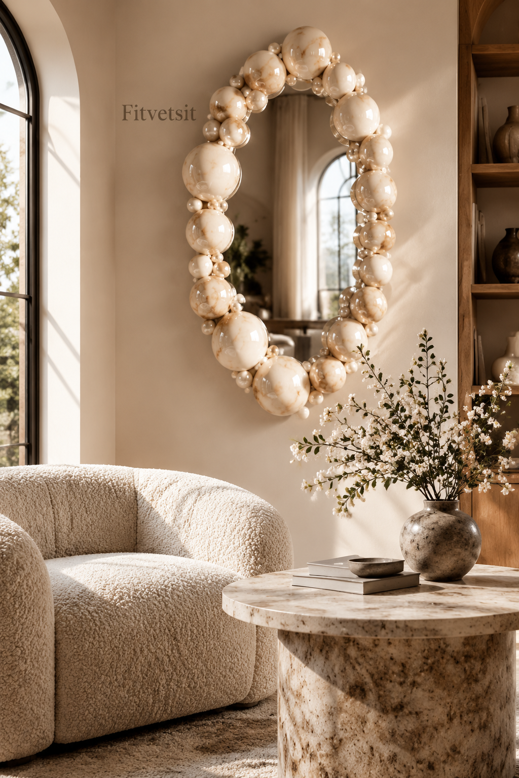 Fitvetsit  Cream Marble Bubble Sphere Oval Wall Art Mirror