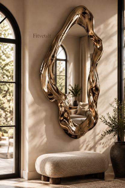 Fitvetsit  Luxury Gloss Gold Fluid Wavy Organic Sculpture Wall Art Mirror