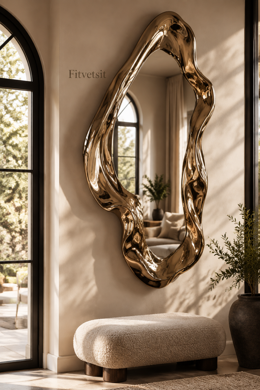 Fitvetsit  Luxury Gloss Gold Fluid Wavy Organic Sculpture Wall Art Mirror