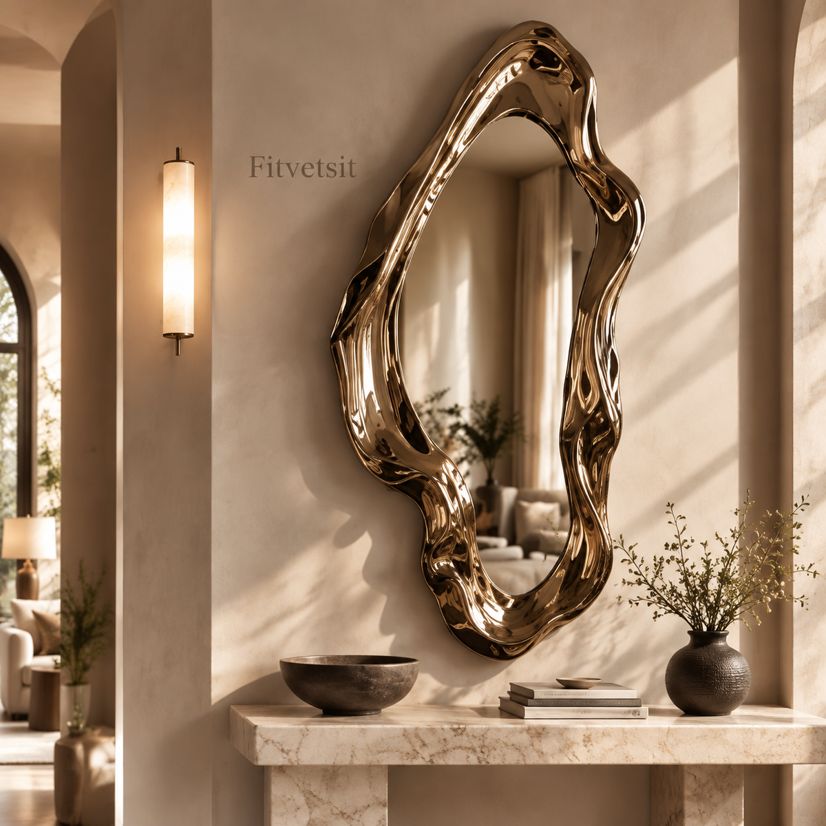 Fitvetsit  Luxury Gloss Gold Fluid Wavy Organic Sculpture Wall Art Mirror