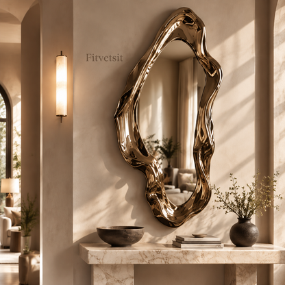 Fitvetsit  Luxury Gloss Gold Fluid Wavy Organic Sculpture Wall Art Mirror