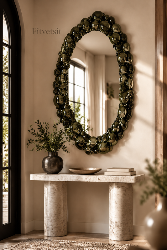 Fitvetsit  Dark Olive Green Metallic Bubble Sphere Oval Wall Art Mirror