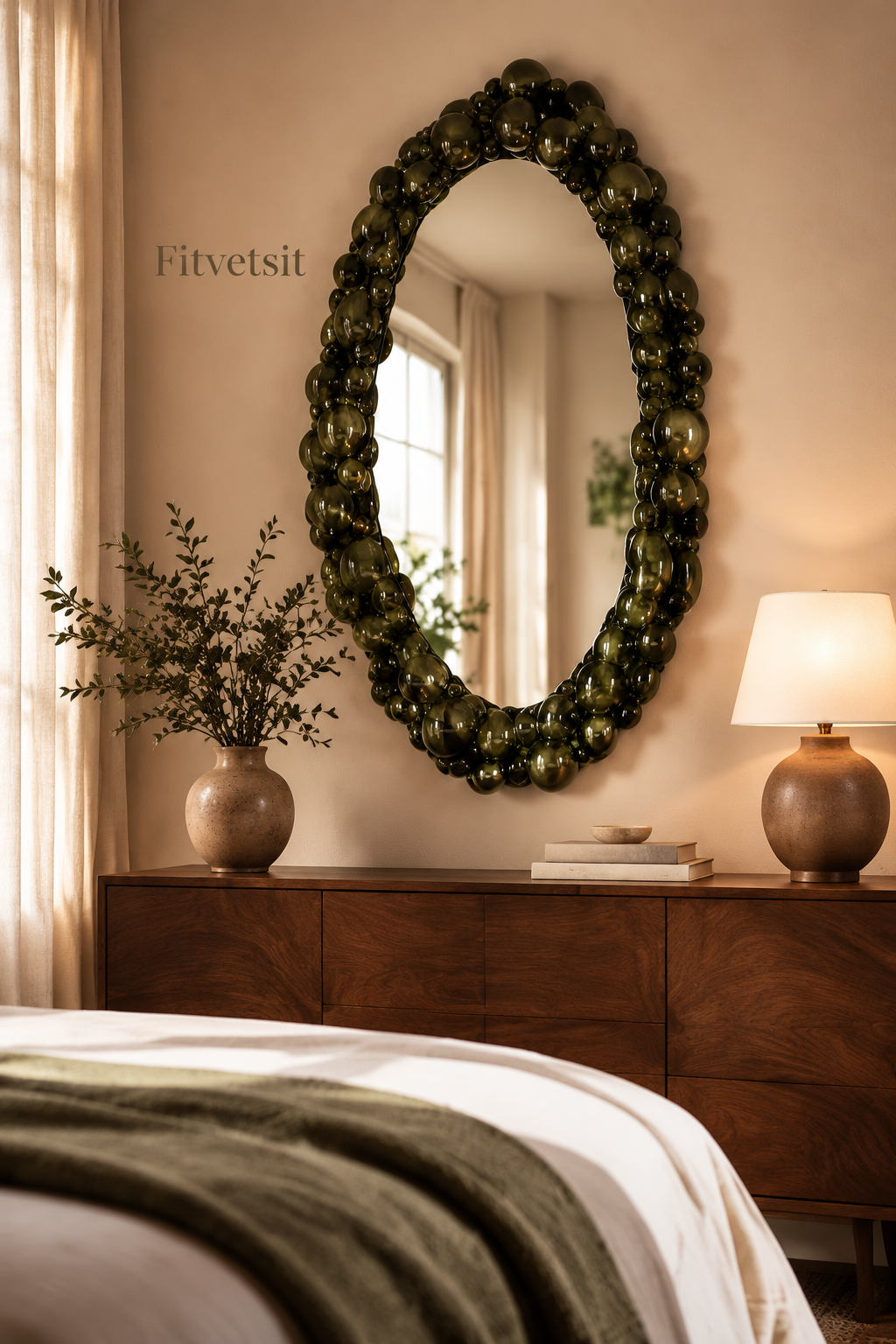 Fitvetsit  Dark Olive Green Metallic Bubble Sphere Oval Wall Art Mirror