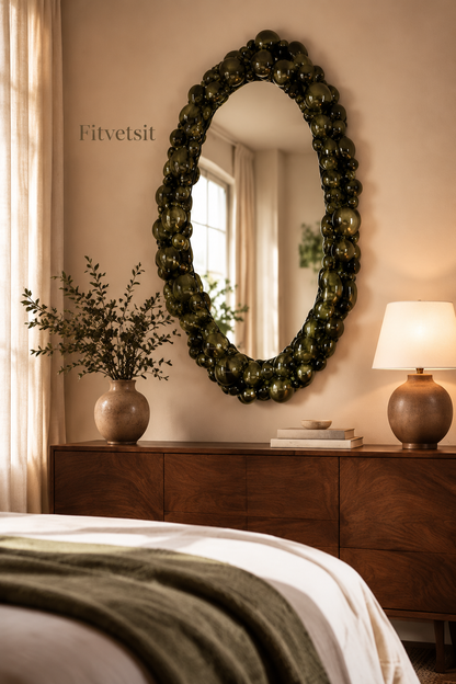 Fitvetsit  Dark Olive Green Metallic Bubble Sphere Oval Wall Art Mirror