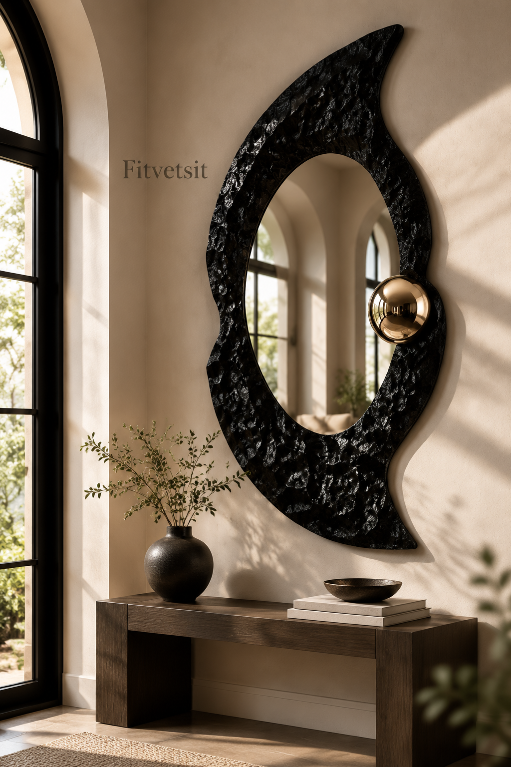 Fitvetsit  Textured Black Organic Abstract Wall Mirror with Gold Sphere Accent