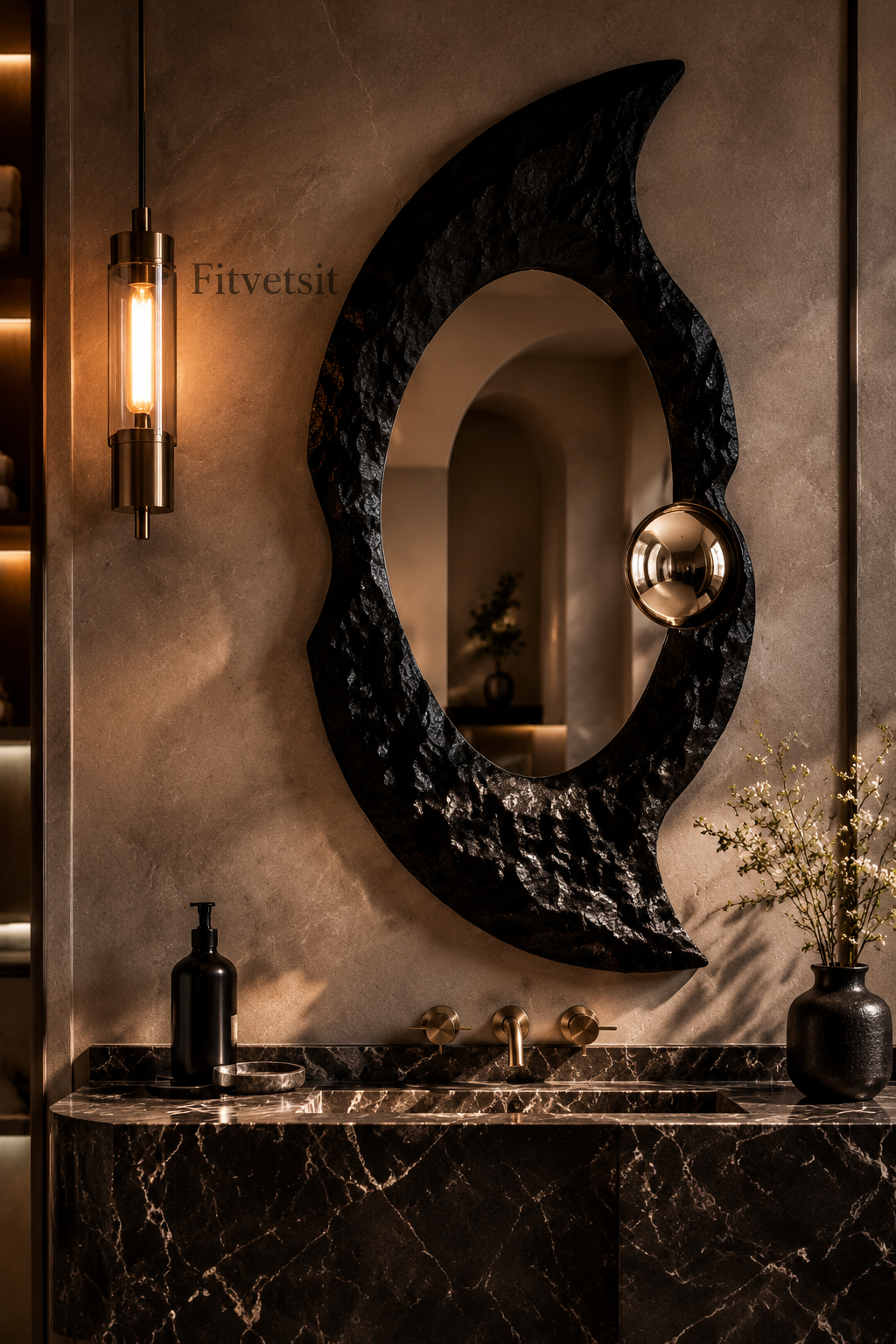 Fitvetsit  Textured Black Organic Abstract Wall Mirror with Gold Sphere Accent
