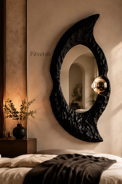 Fitvetsit  Textured Black Organic Abstract Wall Mirror with Gold Sphere Accent