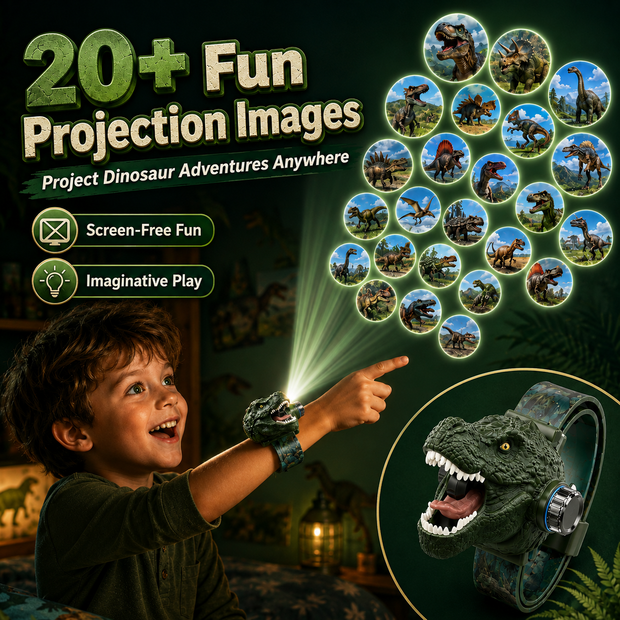 𝐁i𝐥𝐥𝐡𝐨𝐥® 3D Dinosaur Projection Watch💚Realistic T-Rex Design, Safe Soft Strap for Kids Ages 3+