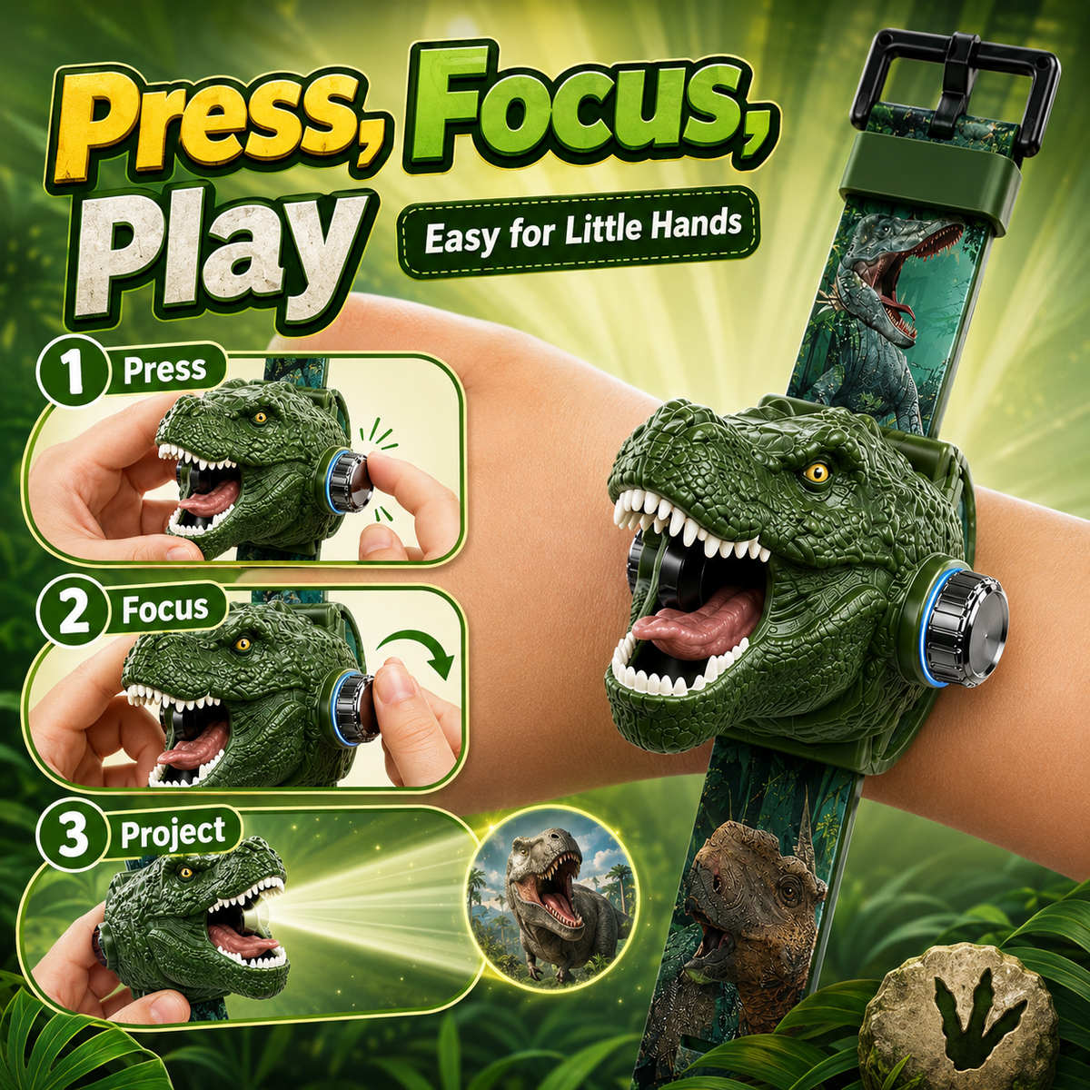 𝐁i𝐥𝐥𝐡𝐨𝐥® 3D Dinosaur Projection Watch💚Realistic T-Rex Design, Safe Soft Strap for Kids Ages 3+