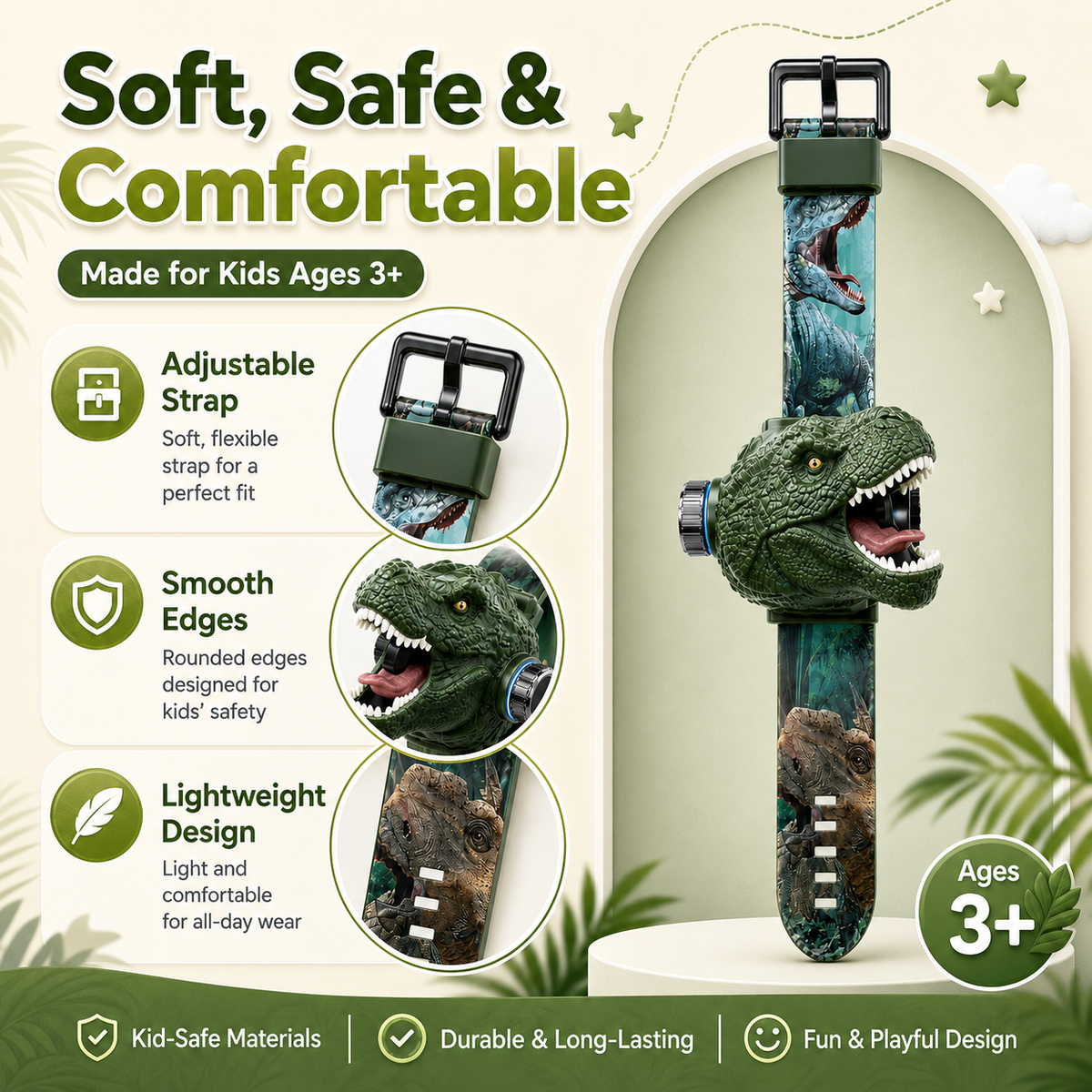 𝐁i𝐥𝐥𝐡𝐨𝐥® 3D Dinosaur Projection Watch💚Realistic T-Rex Design, Safe Soft Strap for Kids Ages 3+