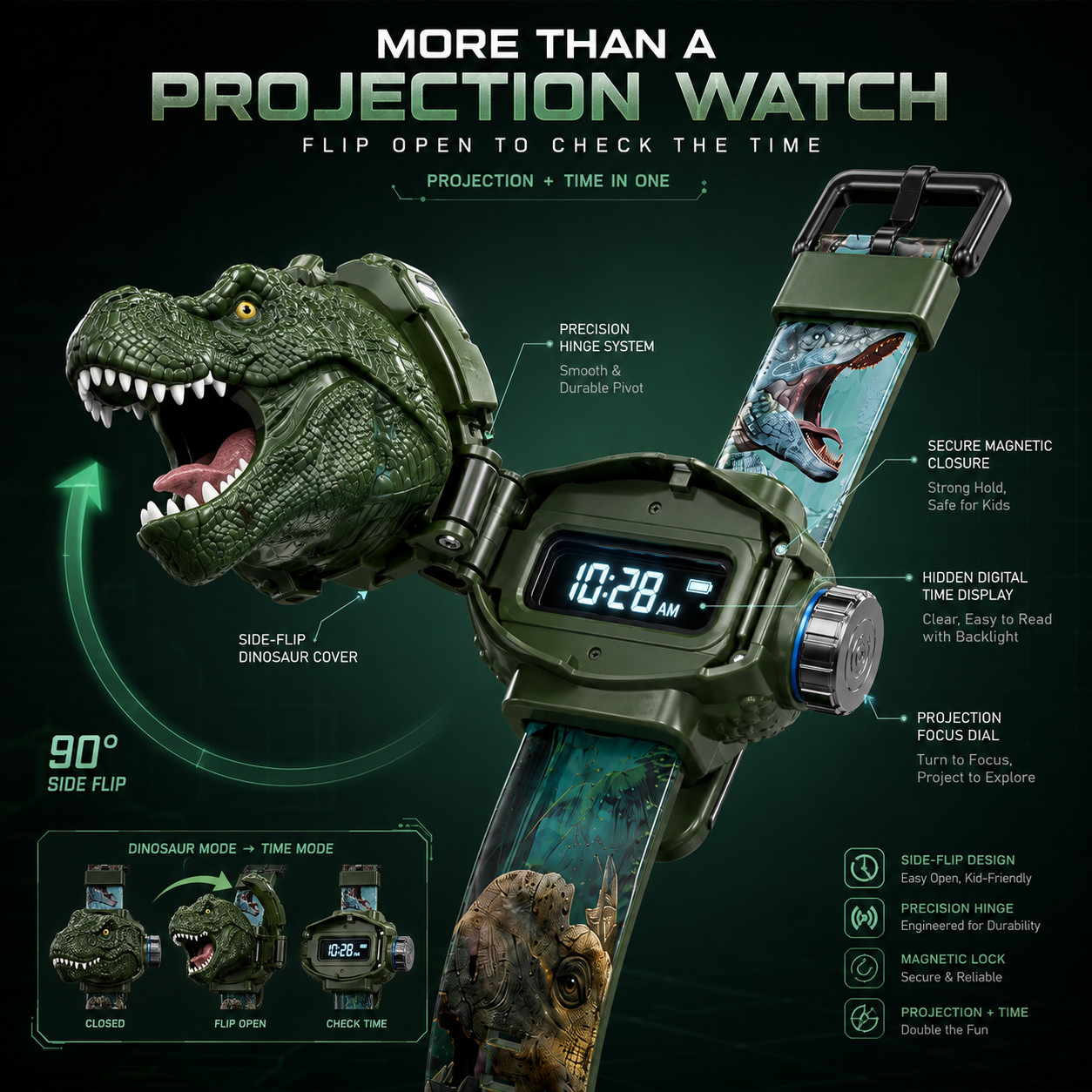 𝐁i𝐥𝐥𝐡𝐨𝐥® 3D Dinosaur Projection Watch💚Realistic T-Rex Design, Safe Soft Strap for Kids Ages 3+